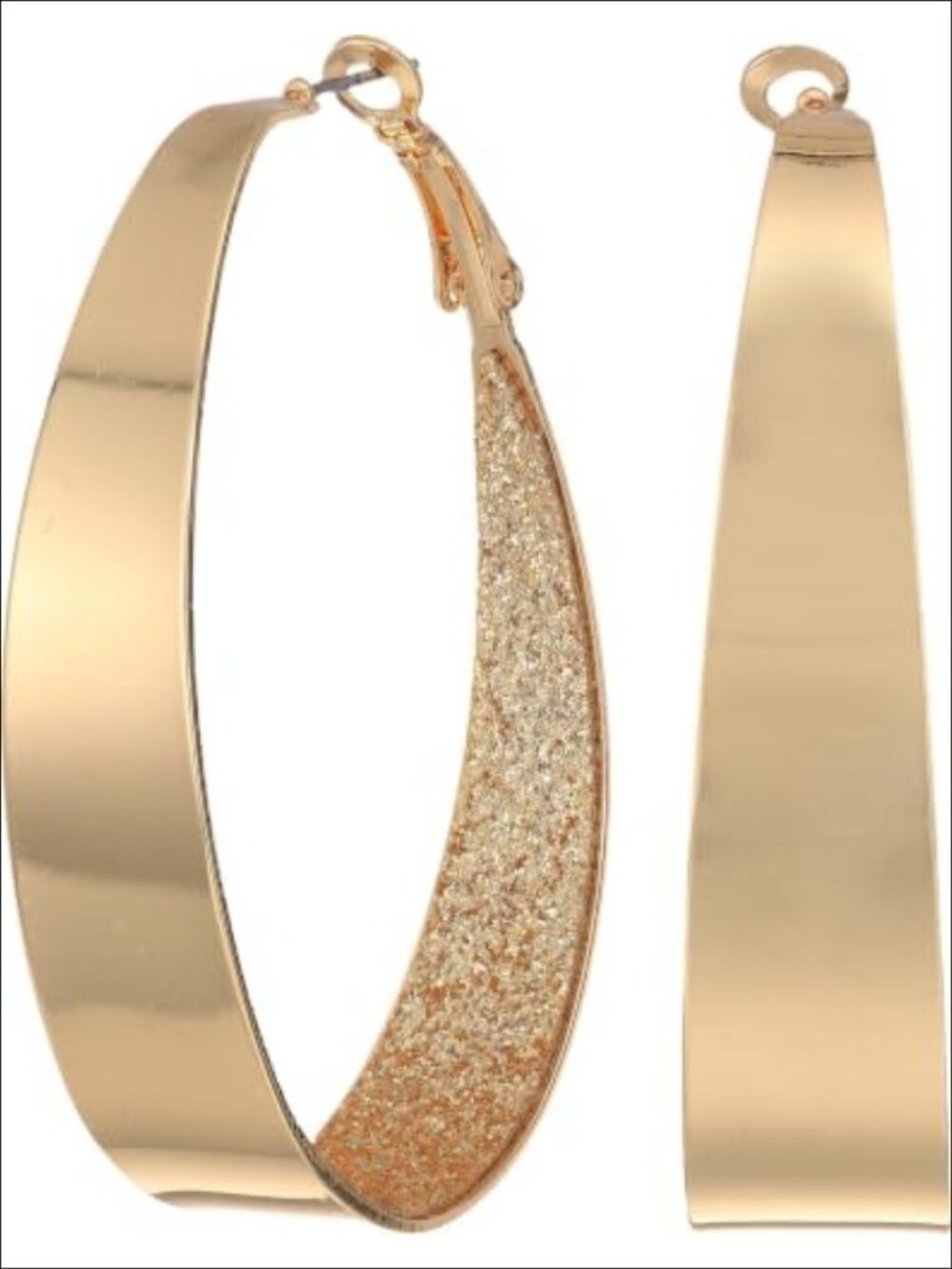 Gold Tone Large Oval Clutchless Hoop Earrings Glitter Accents